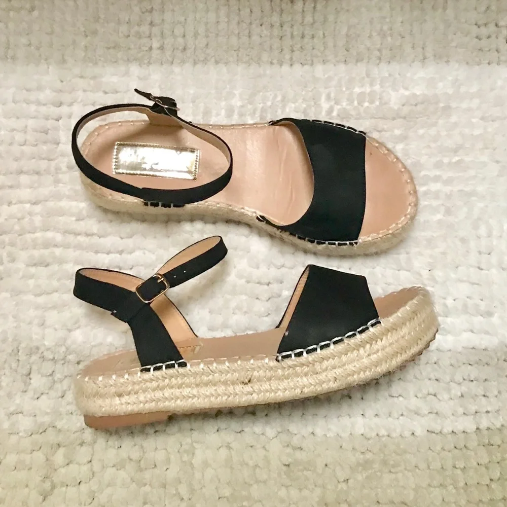 Cherish Espadrilles Heels Women size 9 Black Faux Suede Ankle Strap Open Toe